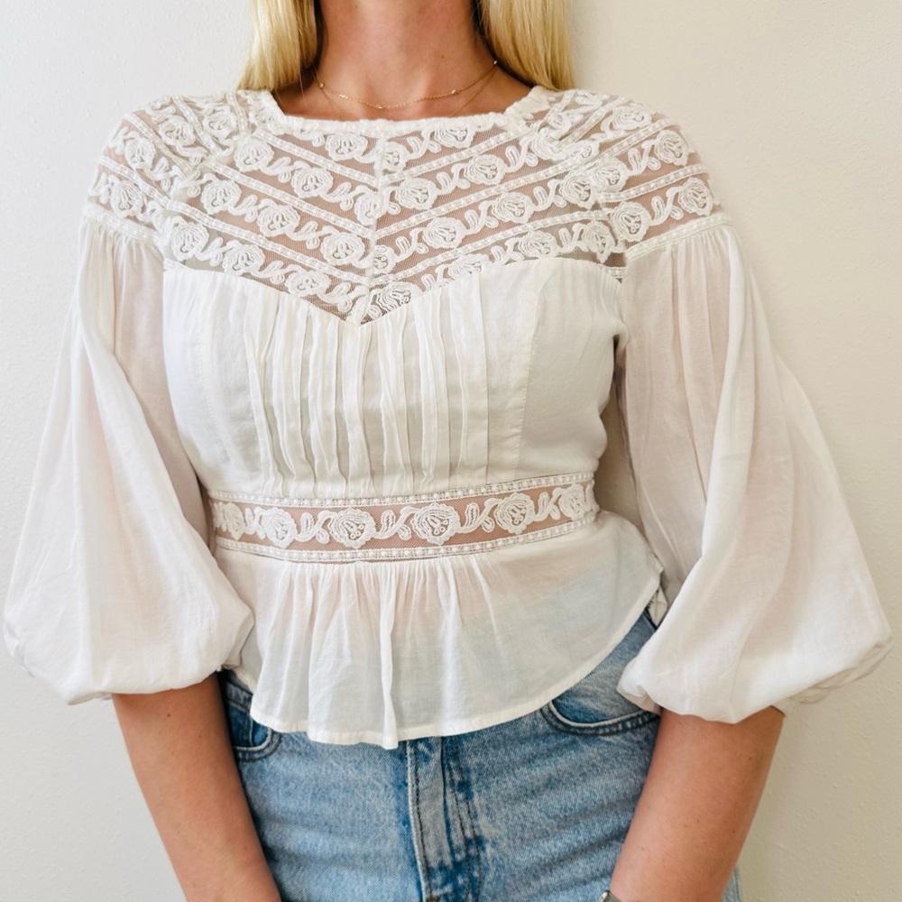 Free People romantic peasant boho blouse top embroidered lace mesh detailing - Picture 5 of 10